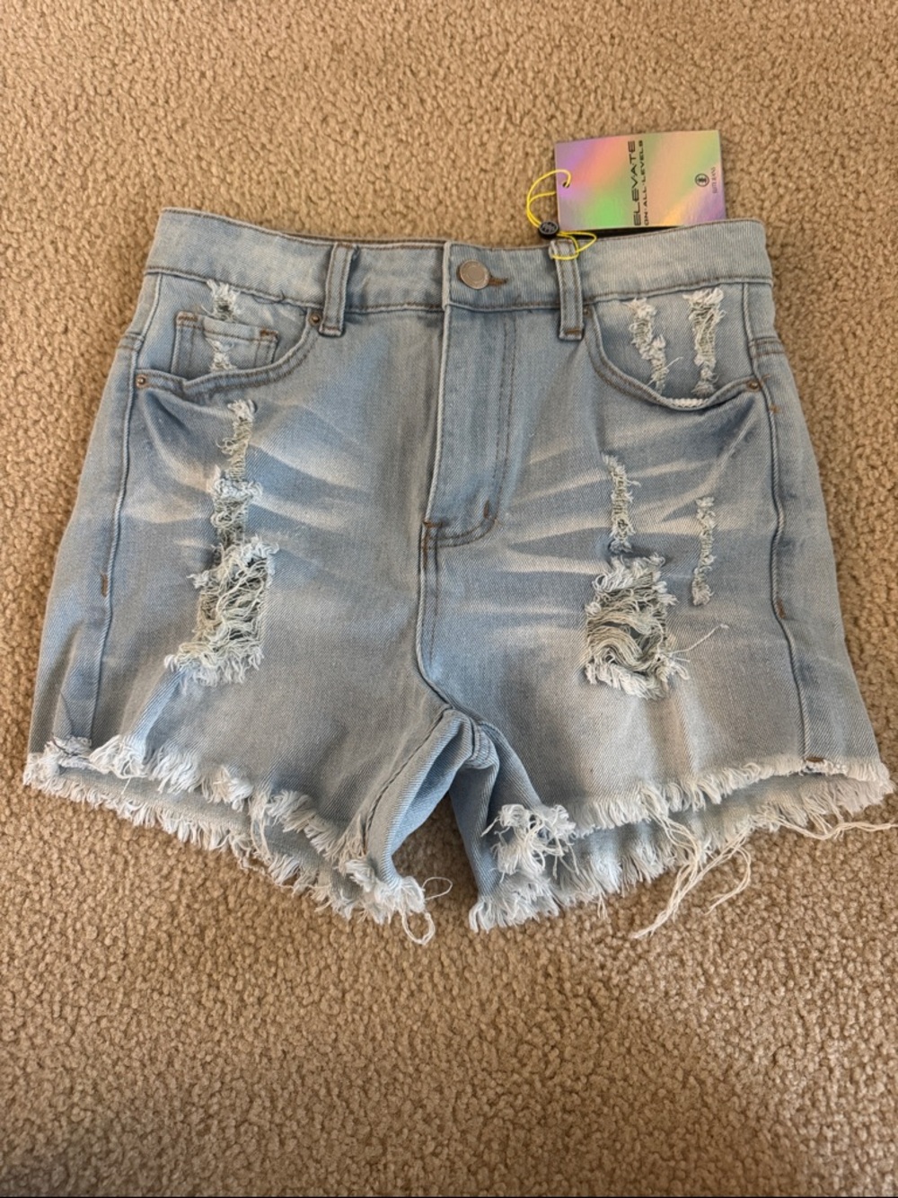 High-Rise Light Blue Distressed Denim Shorts